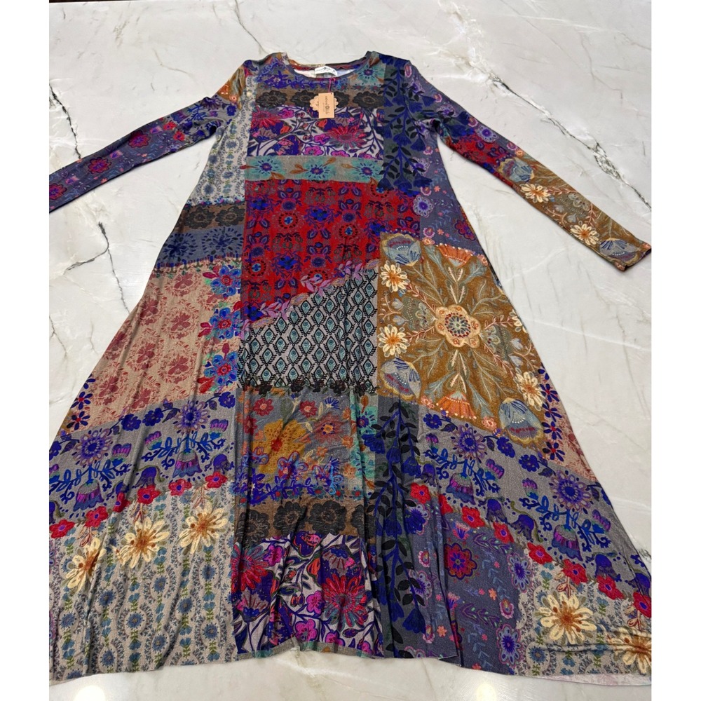 NWT Natural Life Stevie "Buttersoft" Blue Patchwork Maxi Dress Long Sleeve Sz M